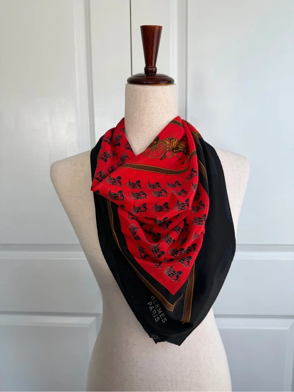 Vintage Hermes Paris Silk Horse and Carriage Scarf Red and Black
